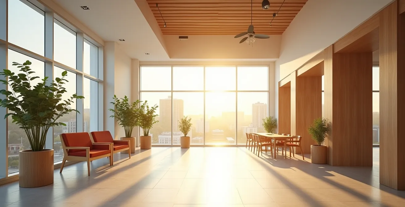 Vaste espace de bureau épuré baigné de lumière naturelle avec mobilier en bois et plantes vertes