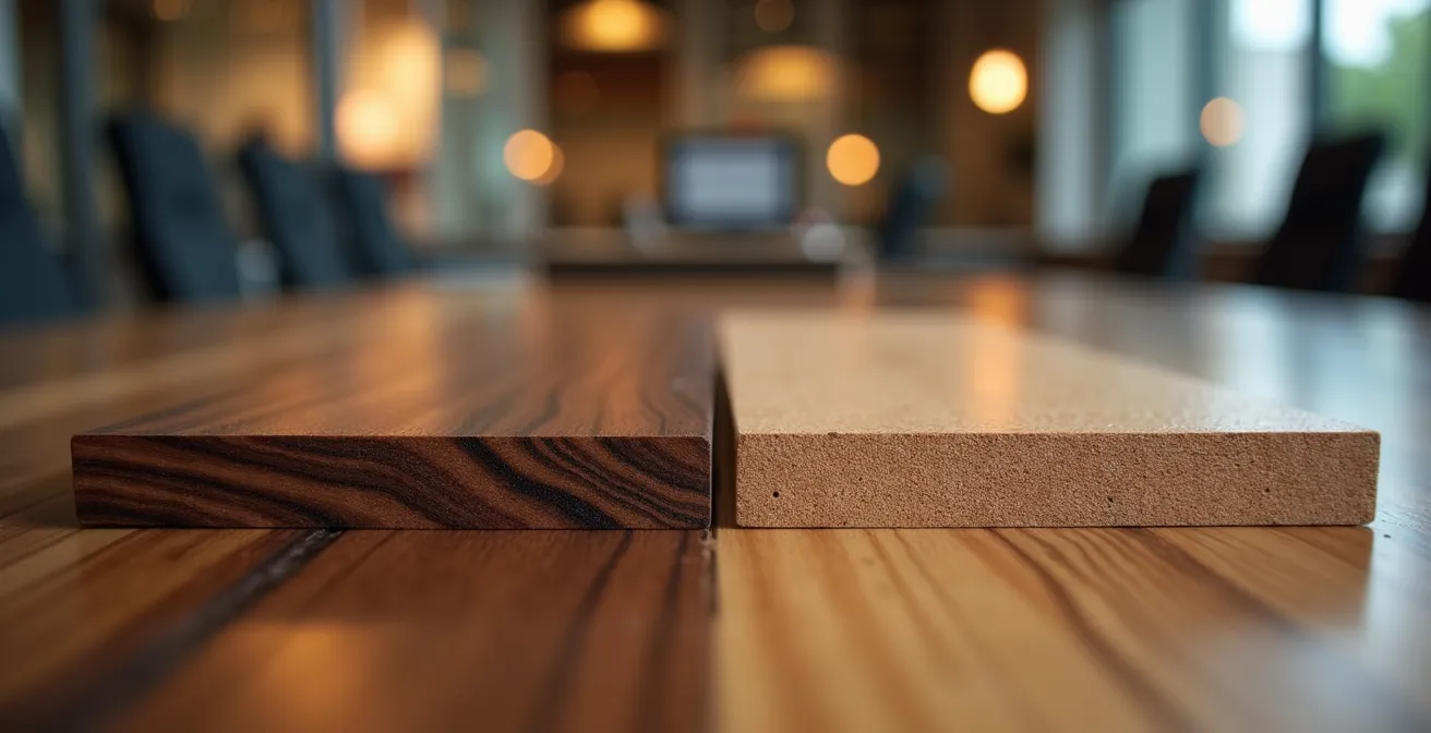 Gros plan sur deux bureaux côte à côte avec équipements contrastés révélant les inégalités